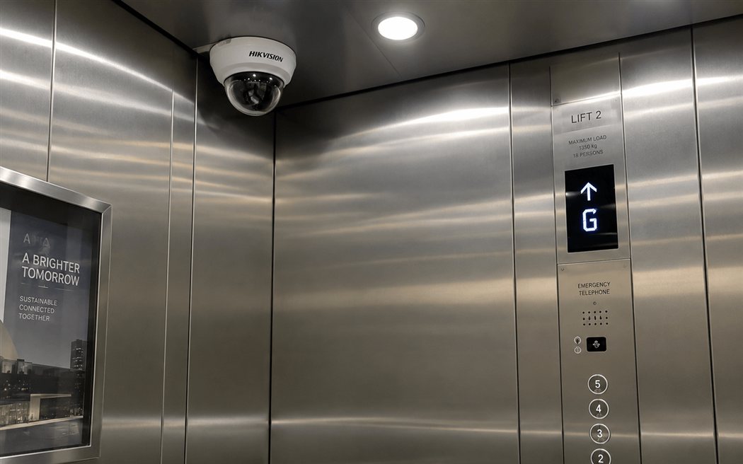 מצלמת כיפה של Hikvision מותקנת בפינת מעלית בבניין